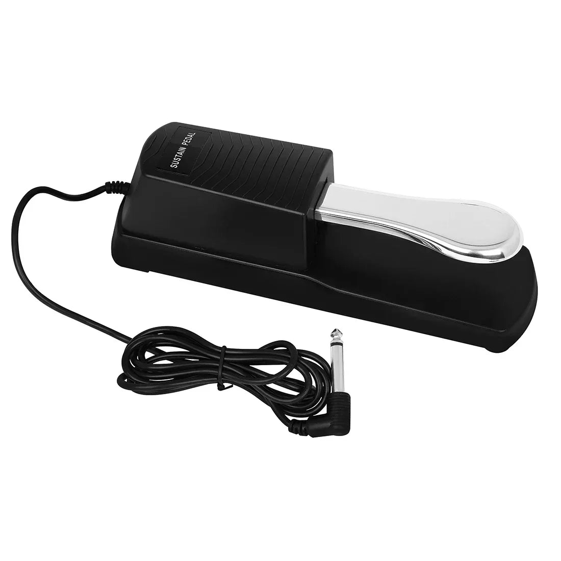 Black and silver sustain pedal with plastic body and polished metal footplate for plug compatible electronic organ midi use