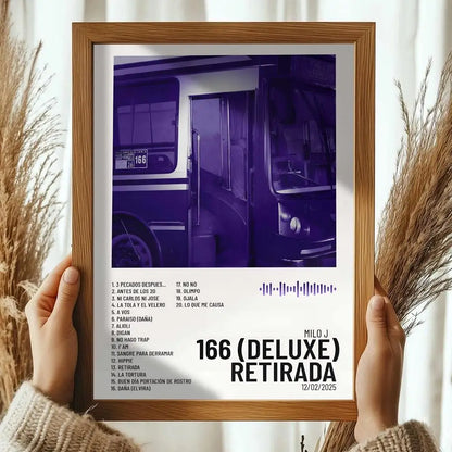A framed album poster hd art with purple bus design and bold black text for modern room wall decals and home decor