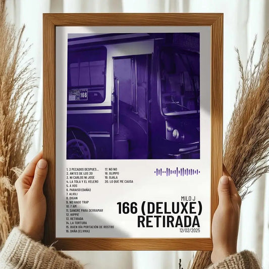 A framed album poster hd art with purple bus design and bold black text for modern room wall decals and home decor