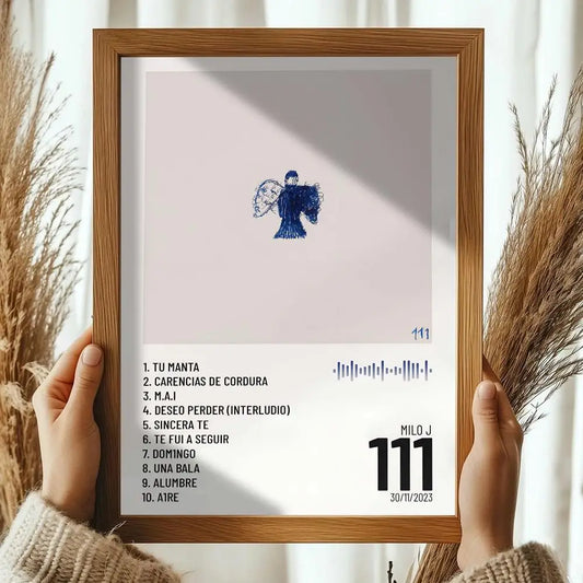 A framed m-milo j album poster hd art in blue ink featuring an angel illustration with song lyrics for room wall decals