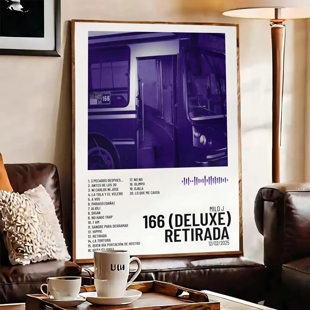 A framed album poster hd art featuring a purple bus image with song titles for room wall decals and modern home decor
