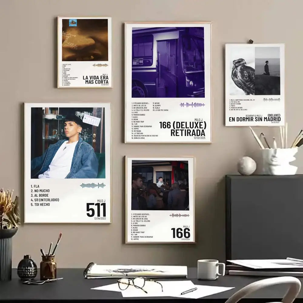 Set of five framed album poster hd art prints with distinct color schemes for modern room wall decals and home decor