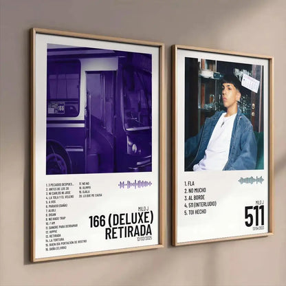 Two framed album posters hd art featuring purple bus and artist with song lists as modern room wall decals
