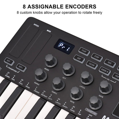 Black midi control keyboard with 25 velocity sensitive keys, 8 assignable encoders, and portable usb connectivity
