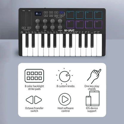 Black m-vave midi control keyboard with 25 velocity sensitive white keys and 8 colorful rgb backlit pads portable usb keyboard
