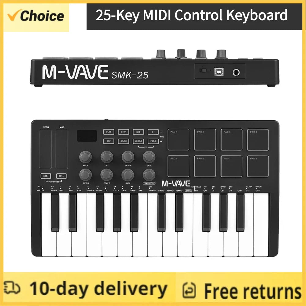 Black M-VAVE 25-key midi control keyboard with velocity sensitive keys, rgb backlit pads, knobs, and usb port