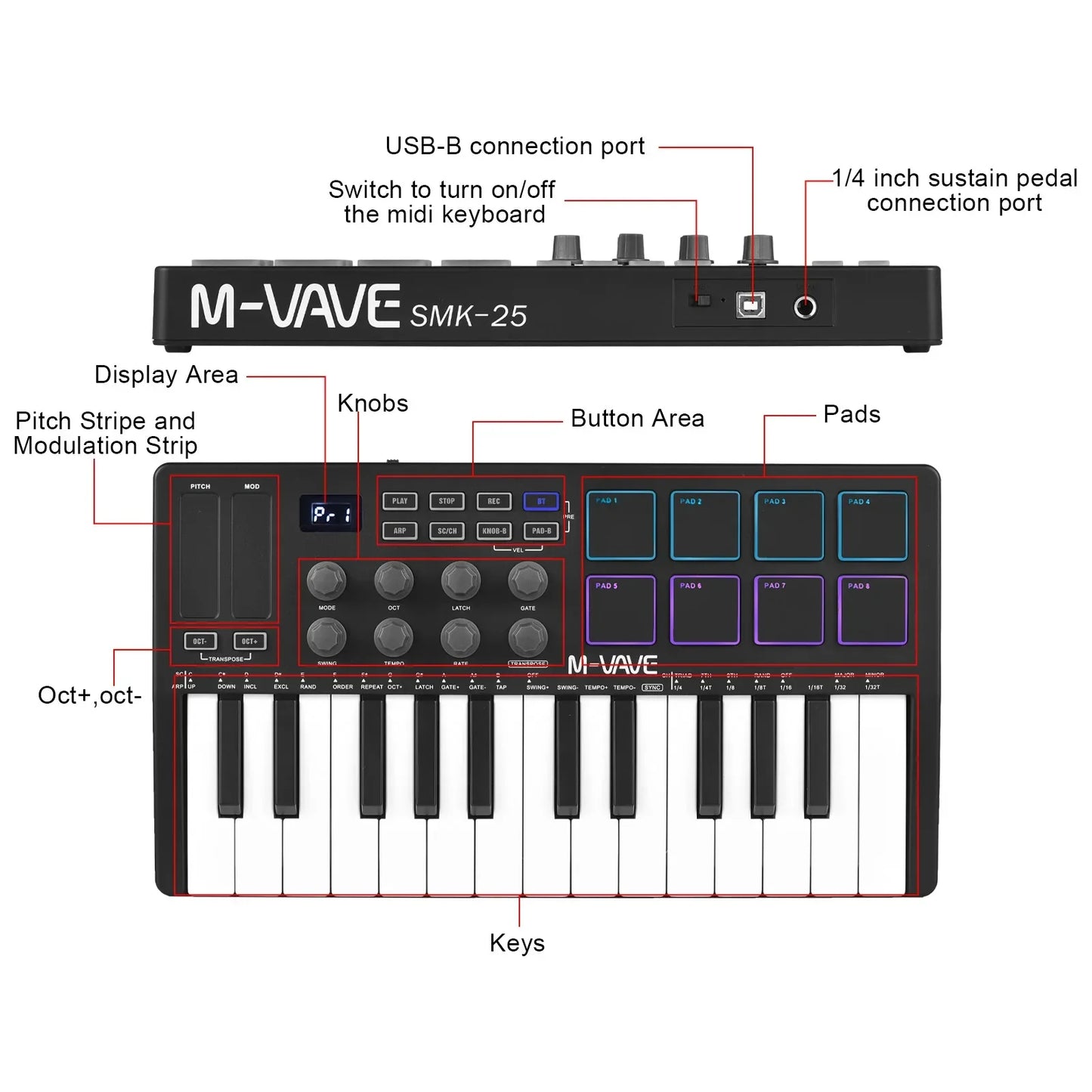 Black m-vave smk-25 midi control keyboard with 25 velocity sensitive white keys and purple rgb backlit pads and silver knobs
