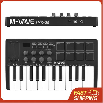 Black m-vave smk-25 midi control keyboard with 25 velocity sensitive keys and 8 rgb backlit pads in black and white