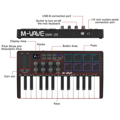 Black m-vave smk-25 midi control keyboard with 25 velocity sensitive keys purple rgb backlit pads and silver knobs