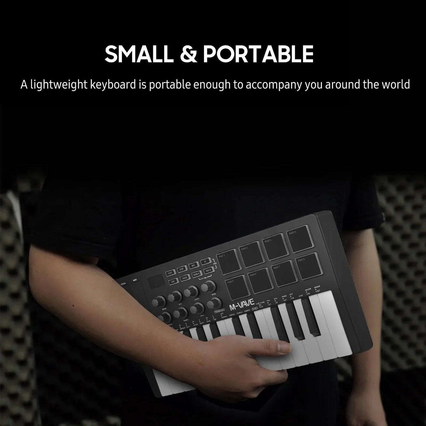 Black m-wave midi control keyboard with 25 velocity sensitive keys rgb backlit pads and 8 control knobs