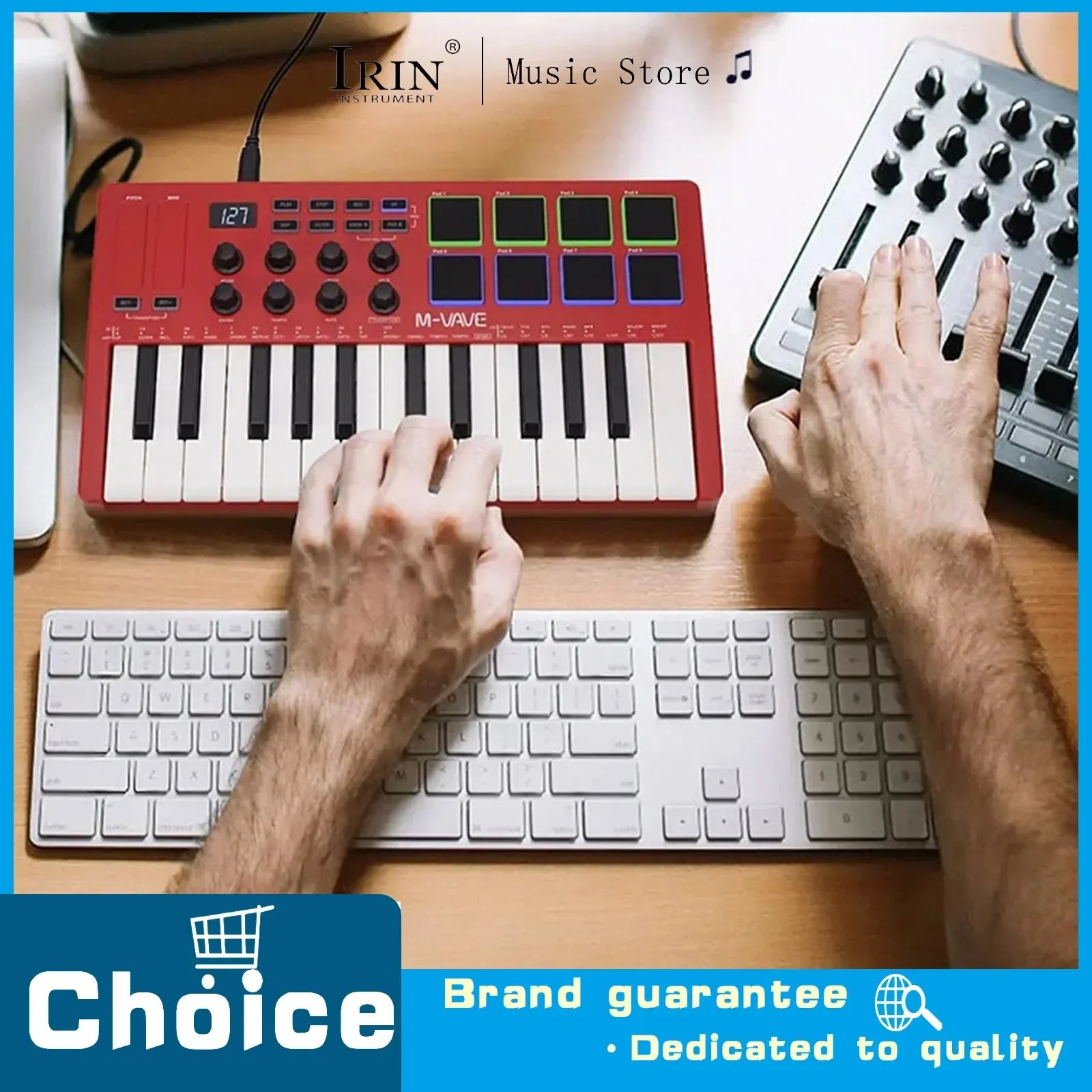 Red m-vave 25-key midi control keyboard with velocity sensitive keys and rgb backlit pads in a compact design