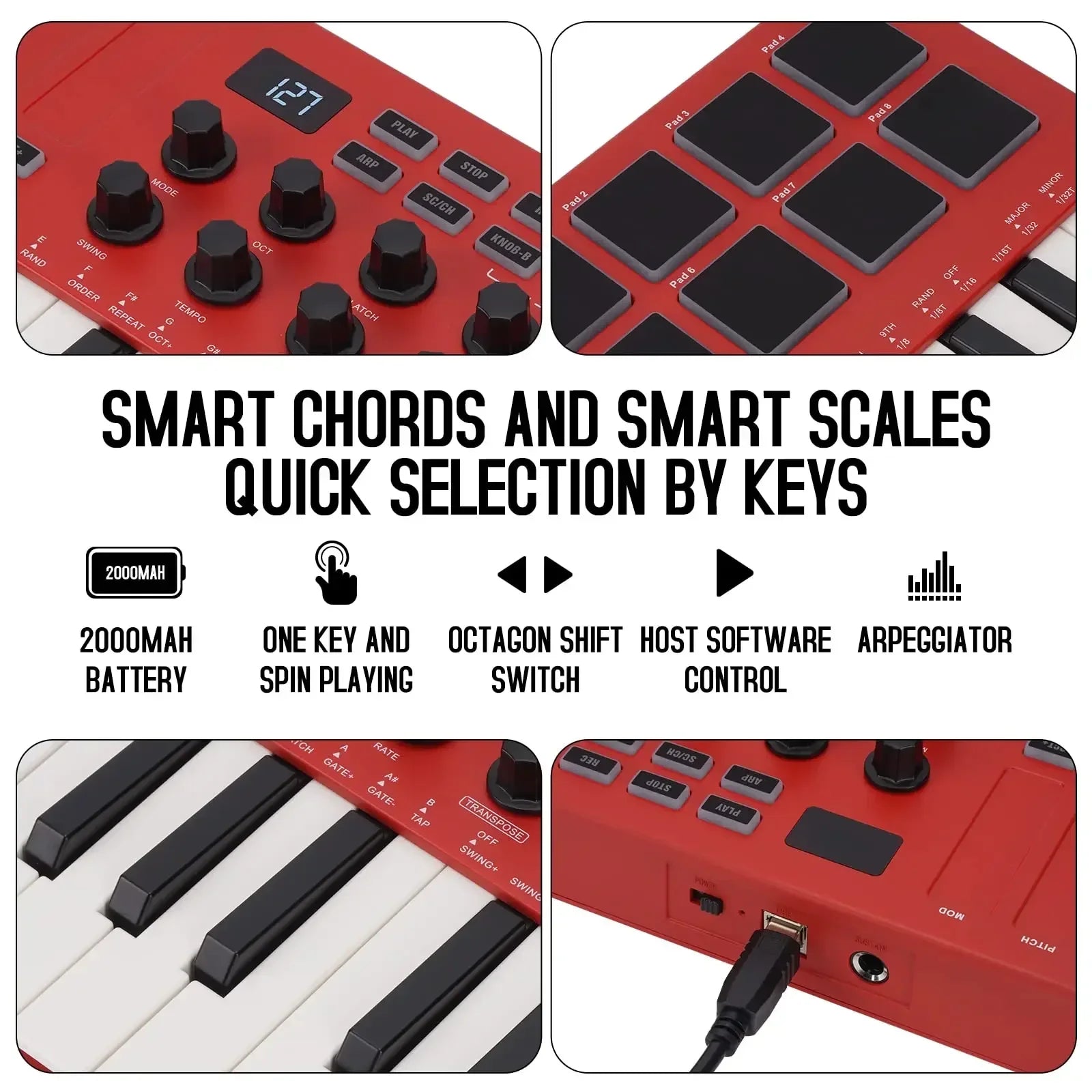 Red midi control keyboard with 25 velocity sensitive keys, 8 rgb backlit pads, and 8 control knobs USB powered