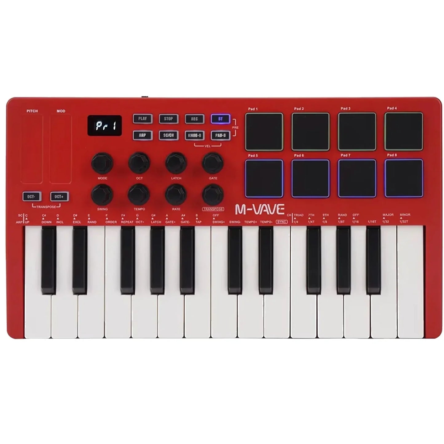 Red m-vave midi control keyboard with 25 velocity sensitive keys and 8 rgb backlit pads for music production