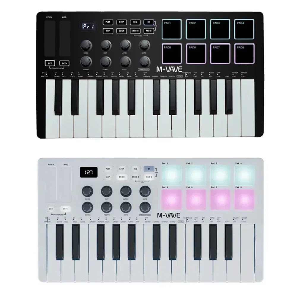 Black and white m-vave 25-key midi mini portable usb keyboard midi controller with illuminated pads and rechargeable design