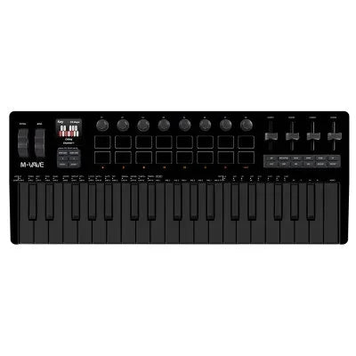 Black smk-37 pro midi controller keyboard with 25 keys 16 rgb pads 8 knobs and built-in synthesizer for music production