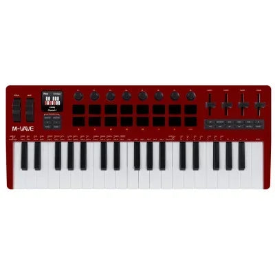 Red m-audio keystation 49 mkiii midi keyboard with black and white keys knobs and buttons for smk-37 pro rgb pads built-in synthesizer use