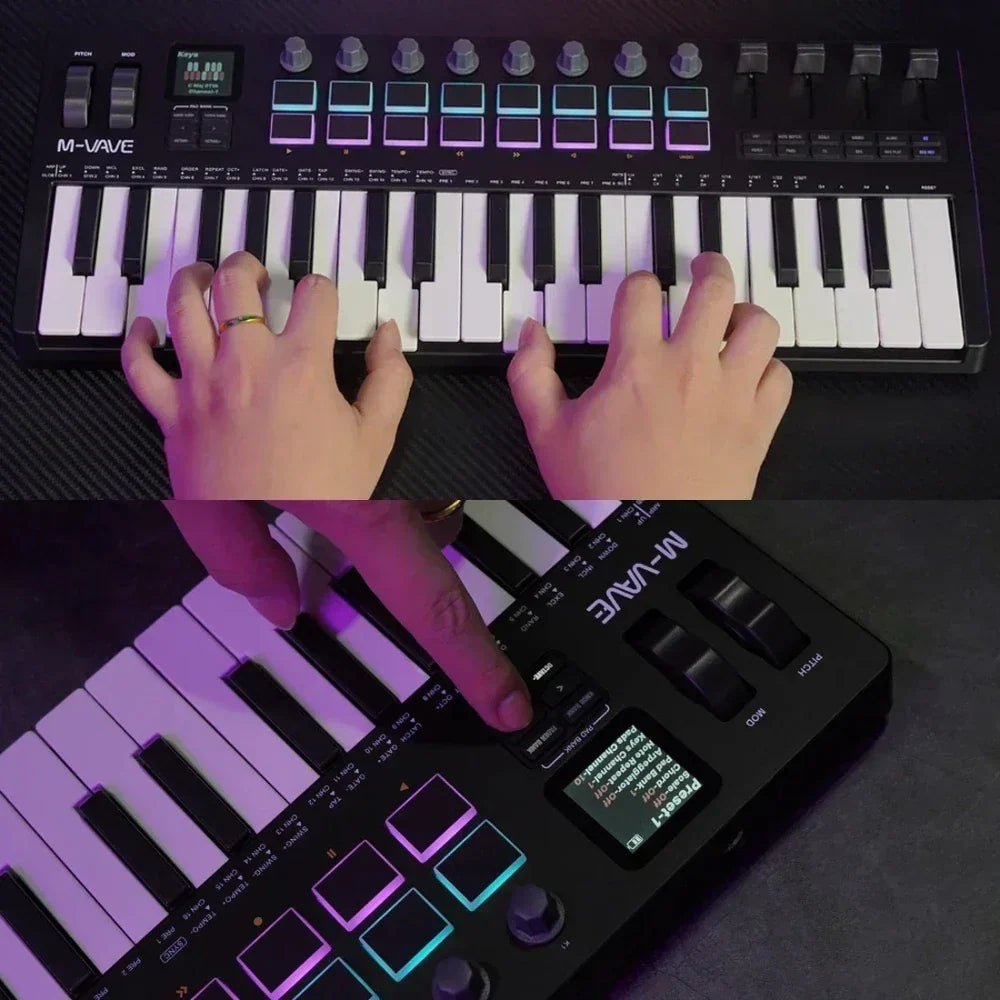 Black smk-37 pro midi controller keyboard with 37 keys rgb pads built-in synthesizer and small display screen