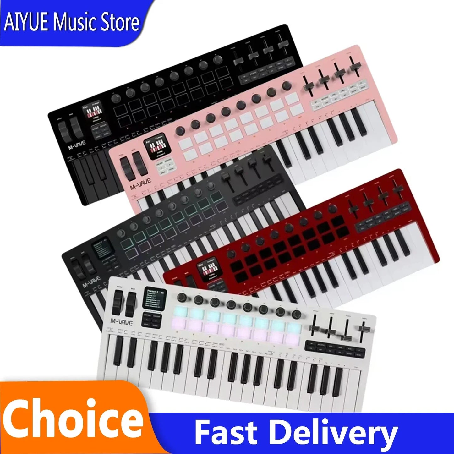 A set of four smk-37 pro midi controllers in black pink red and white with rgb pads built-in synthesizer and knobs