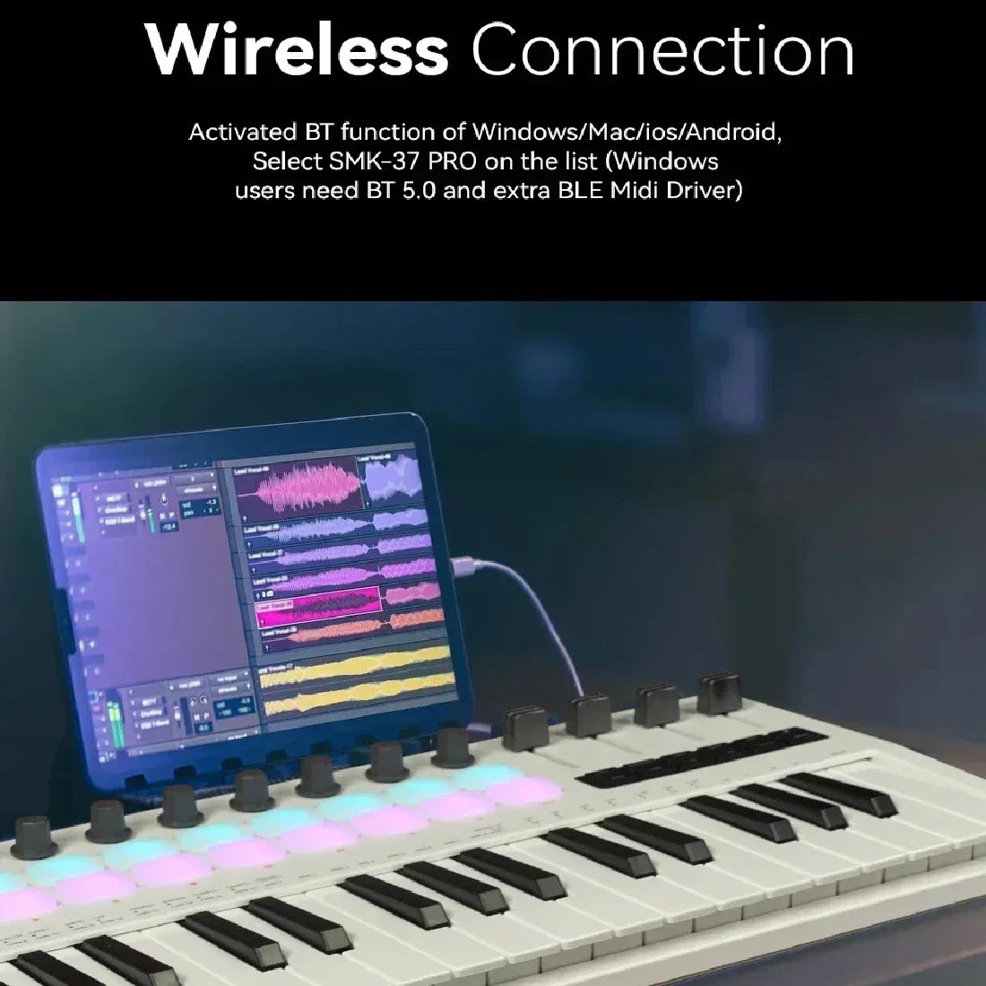 Smk-37 pro white and black keyboard-style midi controller with 37 keys rgb pads and built-in synthesizer features