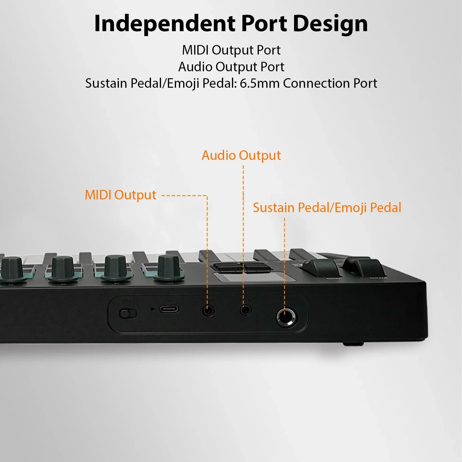 Black midi keyboard controller with multiple knobs and ports for midi sustain and audio output in music production daw