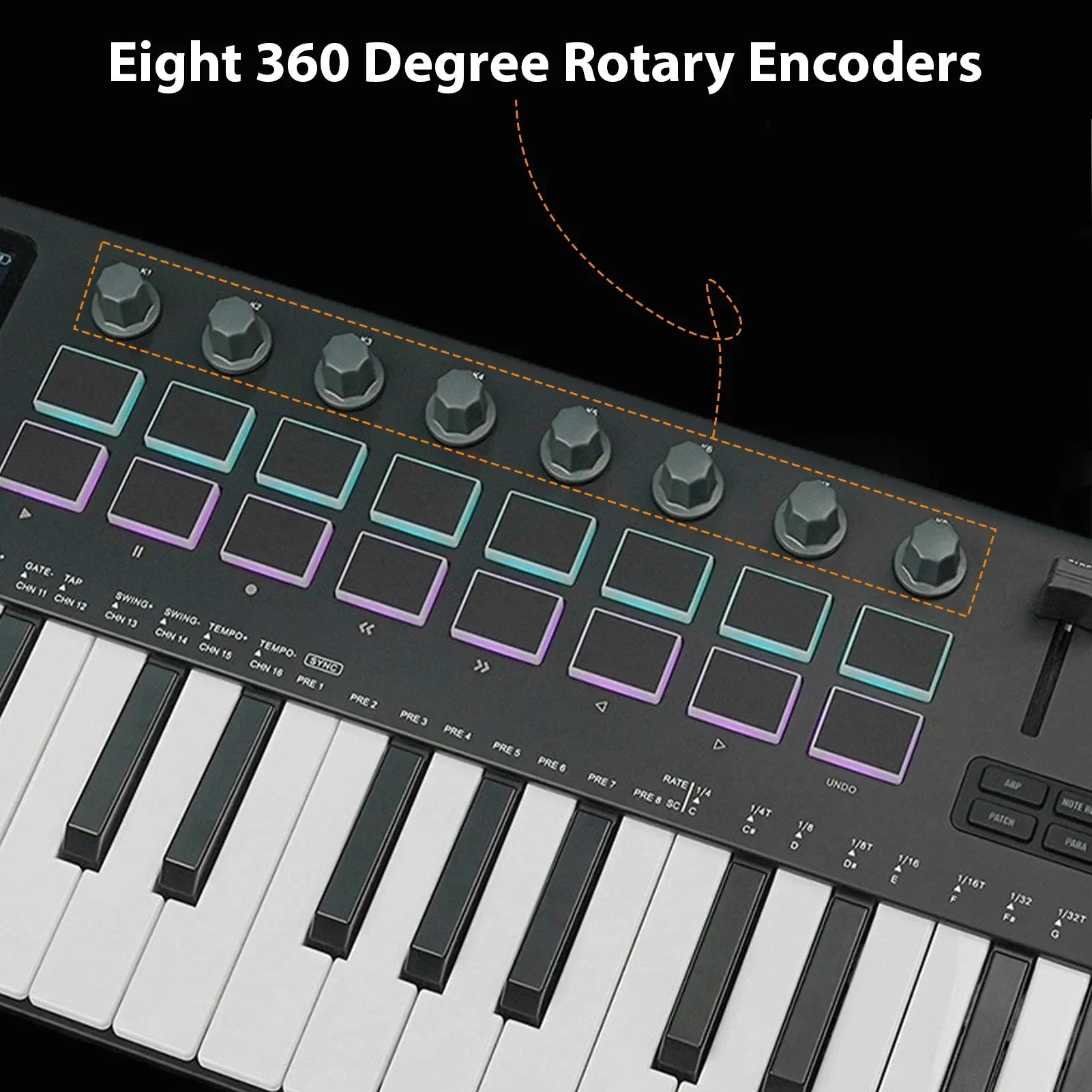 Black midi keyboard controller with 37 keys 16 rgb pads 8 knobs synthesizer engine for music production daw