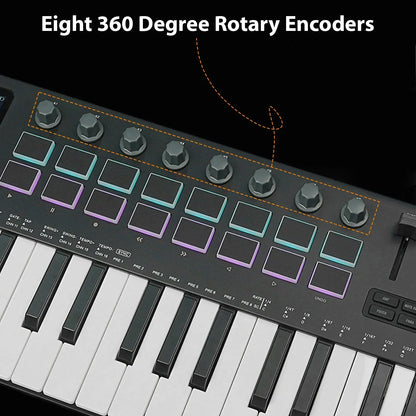 Black midi keyboard controller with 37 keys 16 rgb pads 8 knobs synthesizer engine for music production daw