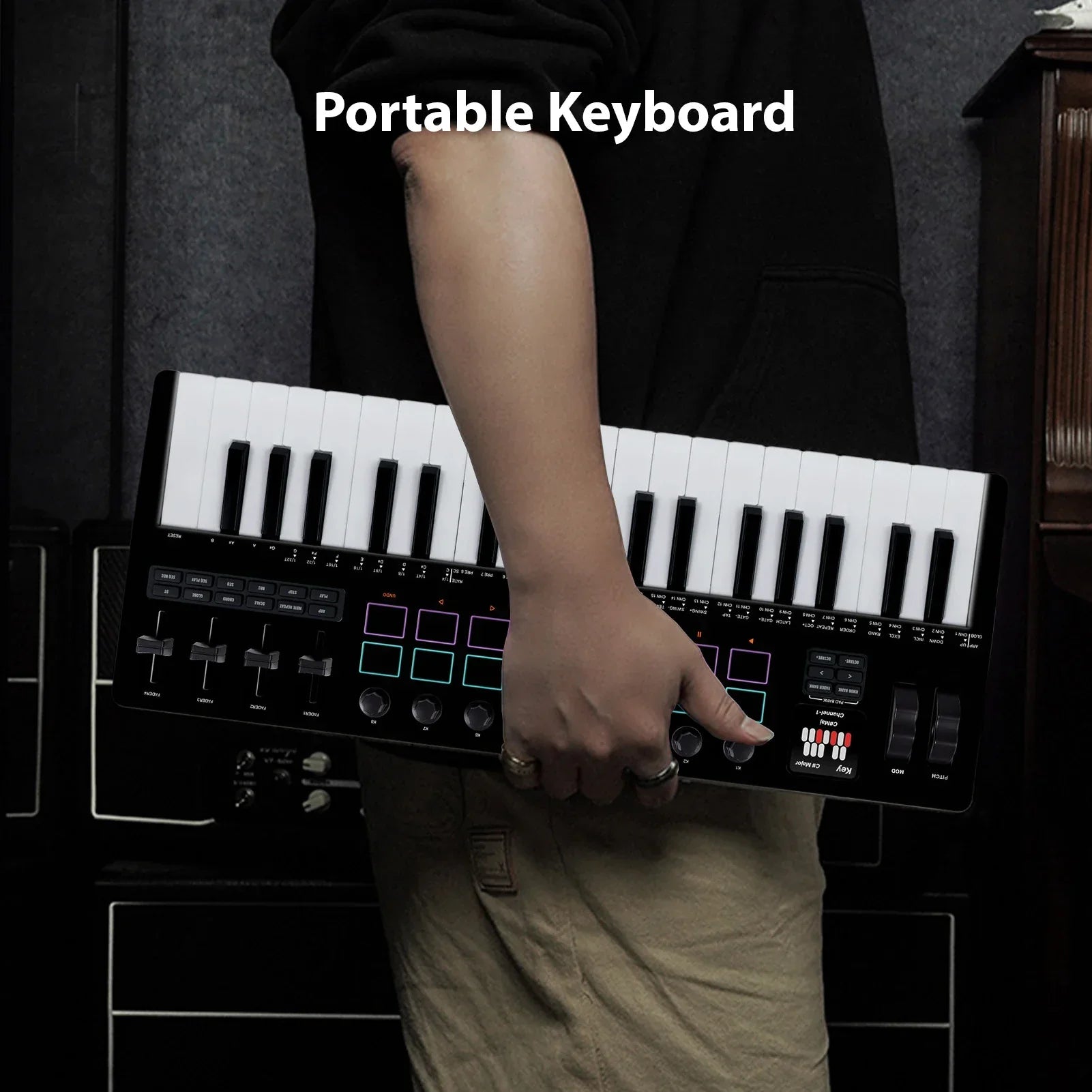 Black midi keyboard controller with 37 piano keys 16 rgb pads 8 knobs for music production daw synthesizer engine