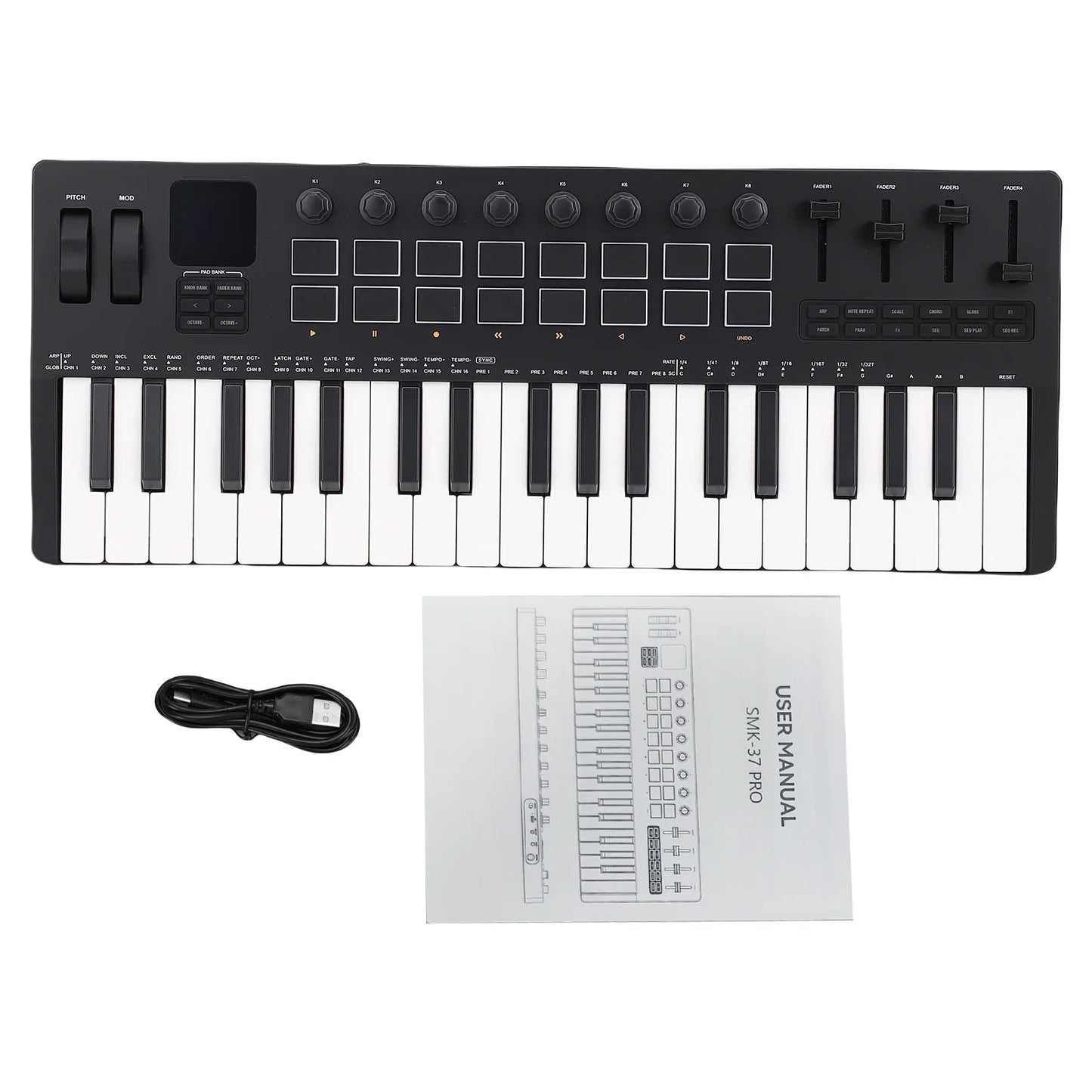 Black skm-37 pro midi keyboard controller with 37 keys eight knobs three sliders for music production daw synthesizer engine