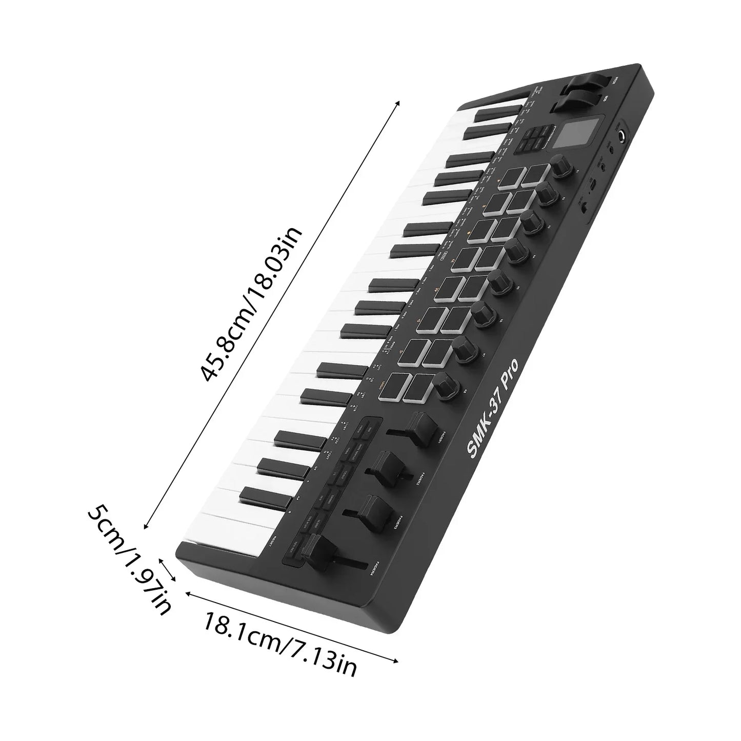 Black smk-37 pro midi keyboard controller with white and black keys, multiple knobs, buttons, and synthesizer engine for music production daw