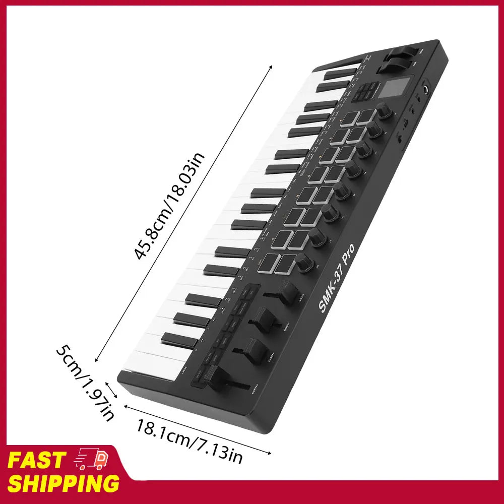 Black smk-37 pro midi keyboard controller with 16 rgb pads, 8 knobs, 4 faders synthesizer engine and engine bt wireless