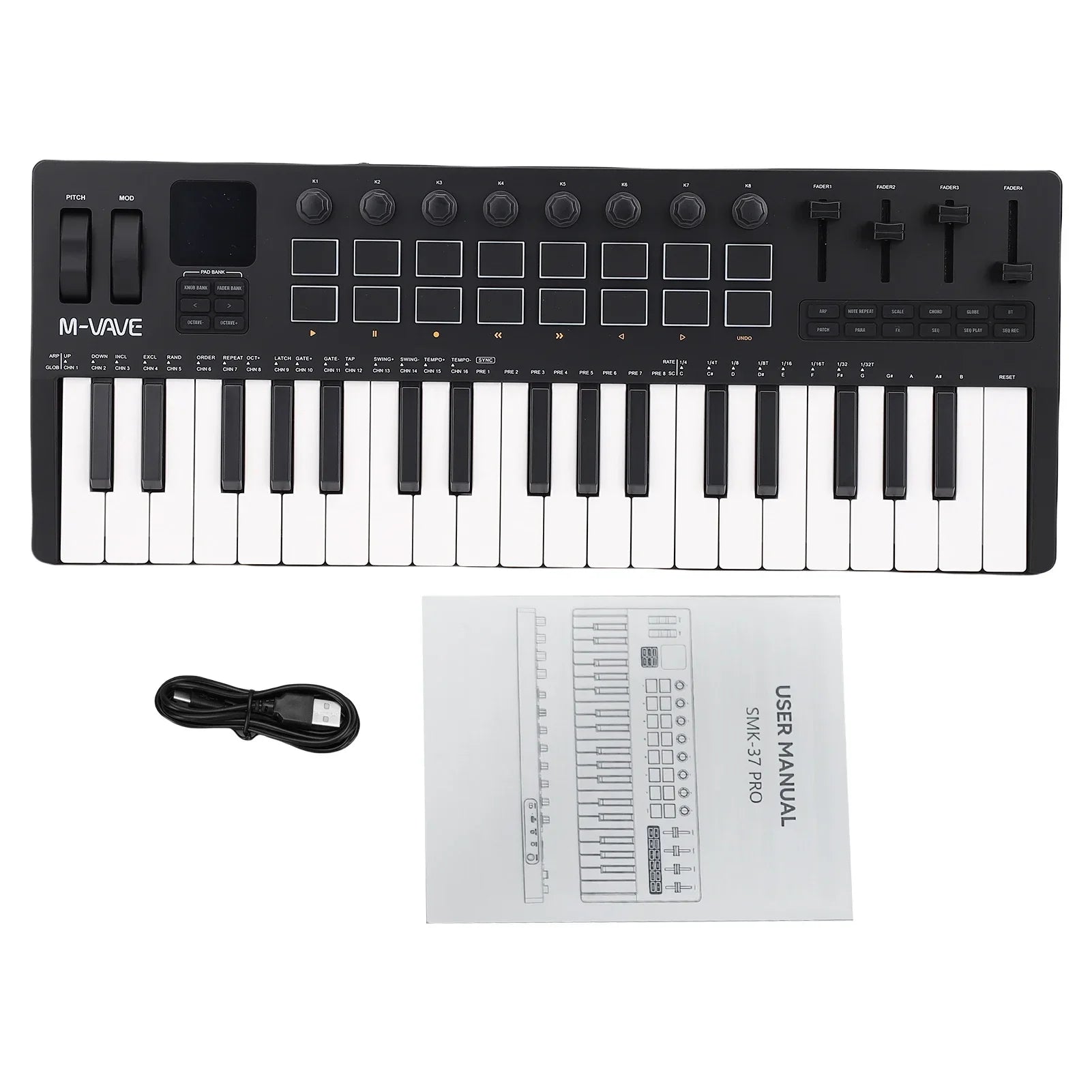 Black m-vave smk-37 pro midi keyboard controller with 37 keys, knobs, sliders, and synthesizer engine for music production daw