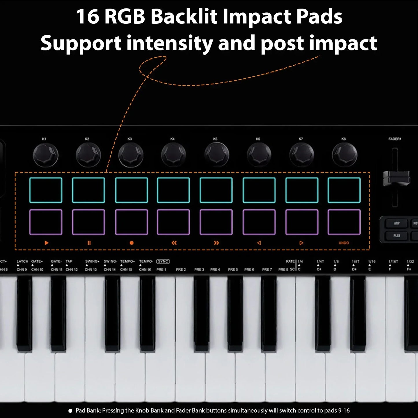 Black and white m-vave 37 key midi keyboard controller with 16 rgb pads 8 knobs 4 faders synthesizer engine bt wireless