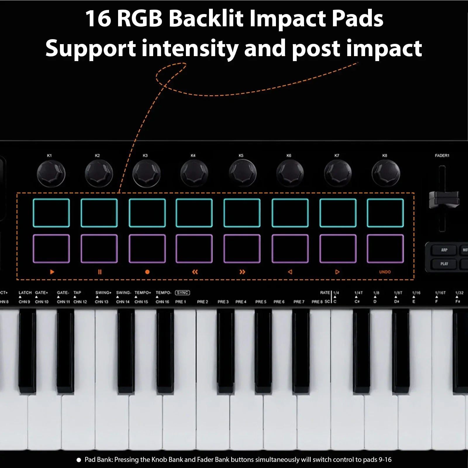Black and white m-vave 37 key midi keyboard controller with 16 rgb pads 8 knobs 4 faders synthesizer engine bt wireless