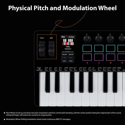 Black and white m-vave 37 key midi keyboard controller with faders synthesizer engine and rgb pads engine bt wireless