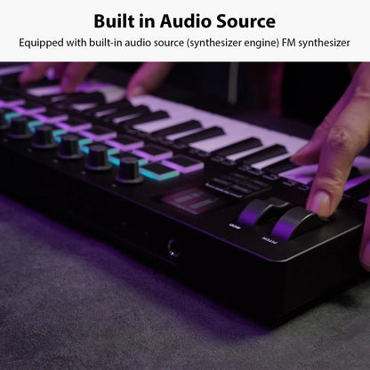 Black m-vave 37 key midi keyboard controller with purple backlit knobs features a synthesizer engine for music production daw