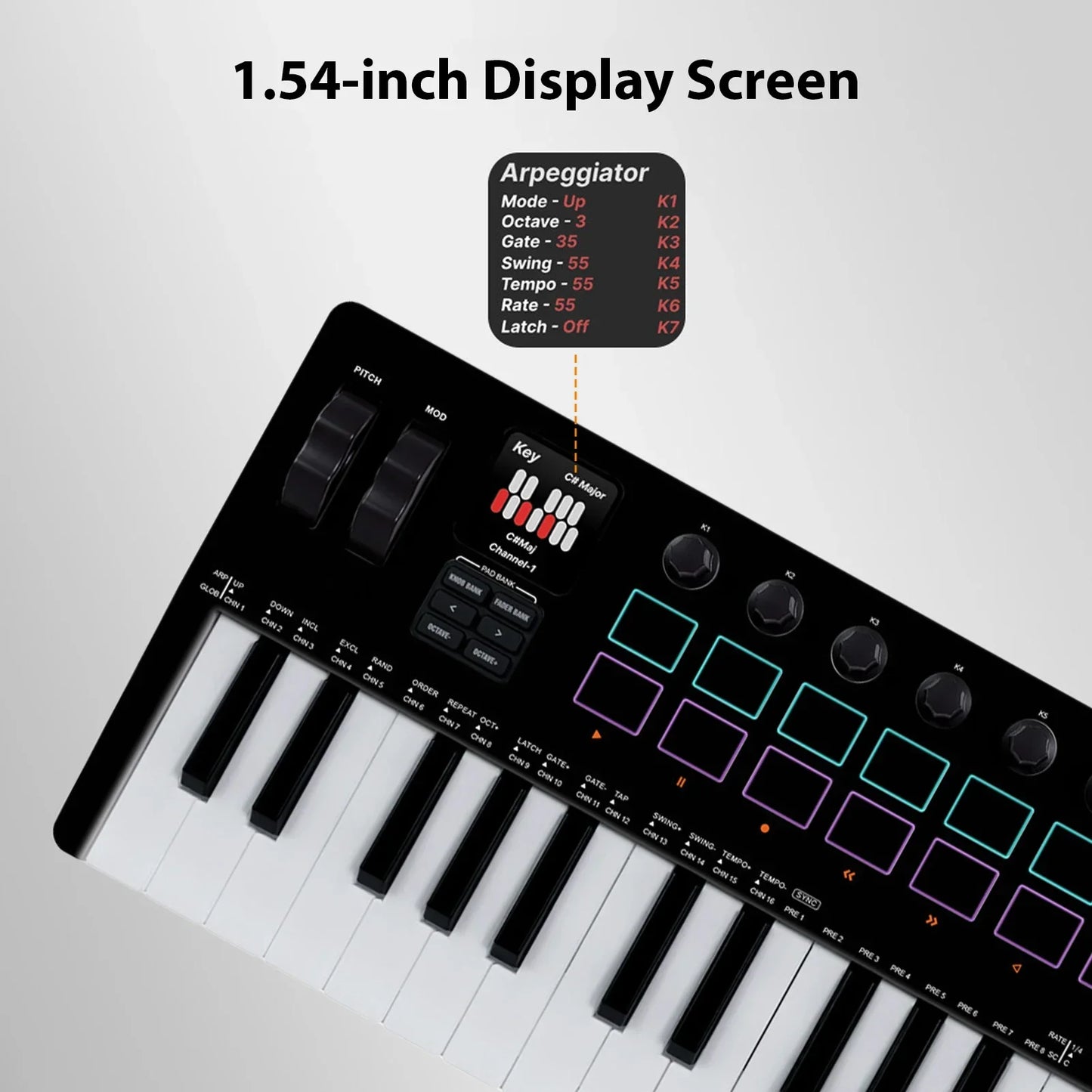 Black and white 25-key midi keyboard controller with illuminated purple green and blue pads faders synthesizer engine bt wireless