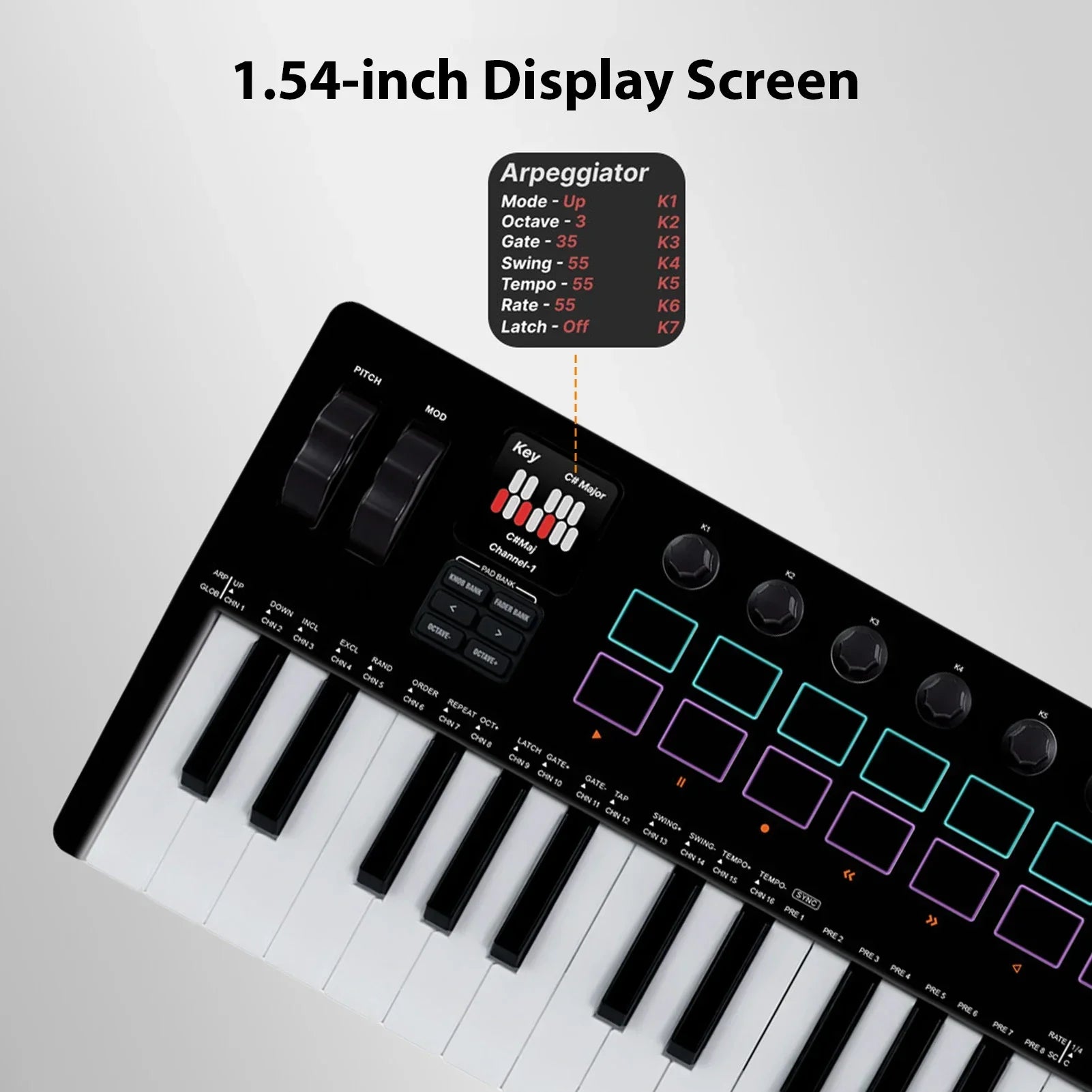 Black and white 25-key midi keyboard controller with illuminated purple green and blue pads faders synthesizer engine bt wireless