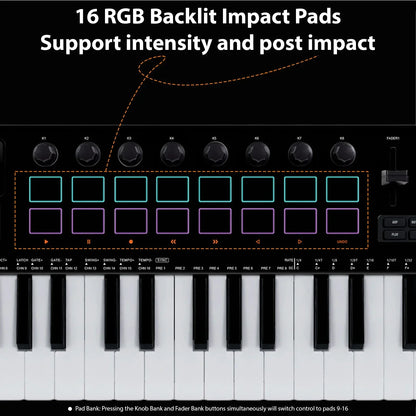 Black and white midi keyboard controller with 37 keys 16 rgb pads 8 knobs 4 faders synthesizer engine bt wireless