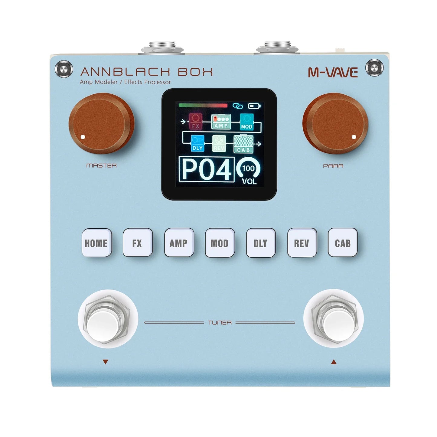 Light blue m-vave annblackbox multi-effects pedal with brown knobs and digital display for guitar bass preamp models
