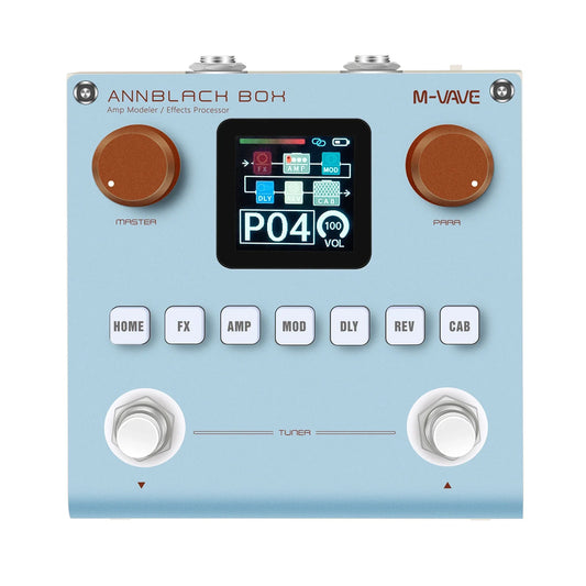 Light blue m-vave annblackbox multi-effects pedal with brown knobs and digital display for guitar bass preamp models