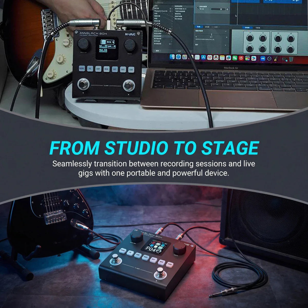 Black m-vave annblackbox multi-effects pedal with knobs buttons small screen usb audio for guitar bass amp simulation