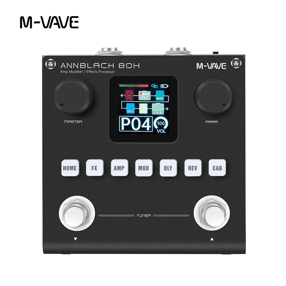 M-vave annblackbox guitar bass amp simulator in black with digital display white buttons silver knobs and usb audio connectivity