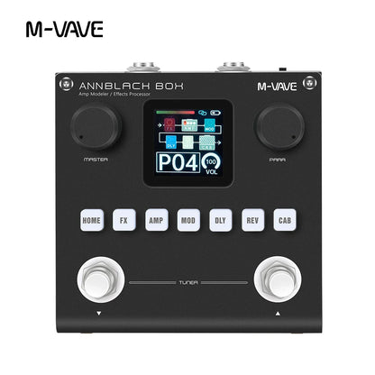 M-vave annblackbox guitar bass amp simulator in black with digital display white buttons silver knobs and usb audio connectivity