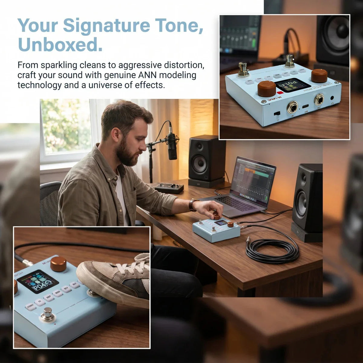 Light blue m-vave annblackbox guitar bass multi-effects pedal with wooden knobs digital display and preamp models