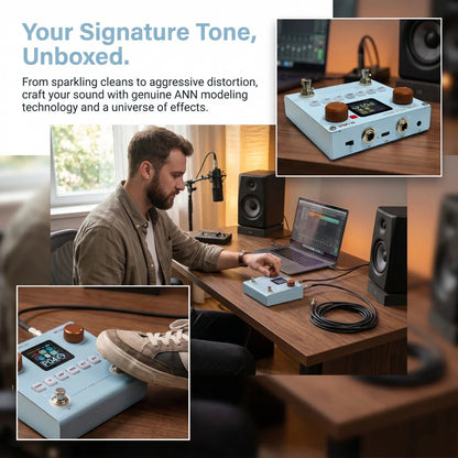 Light blue m-vave annblackbox guitar bass multi-effects pedal with wooden knobs digital display and preamp models