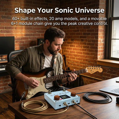 Light blue m-vave annblackbox guitar bass multi-effects pedal with wooden knobs digital display and usb audio connectivity