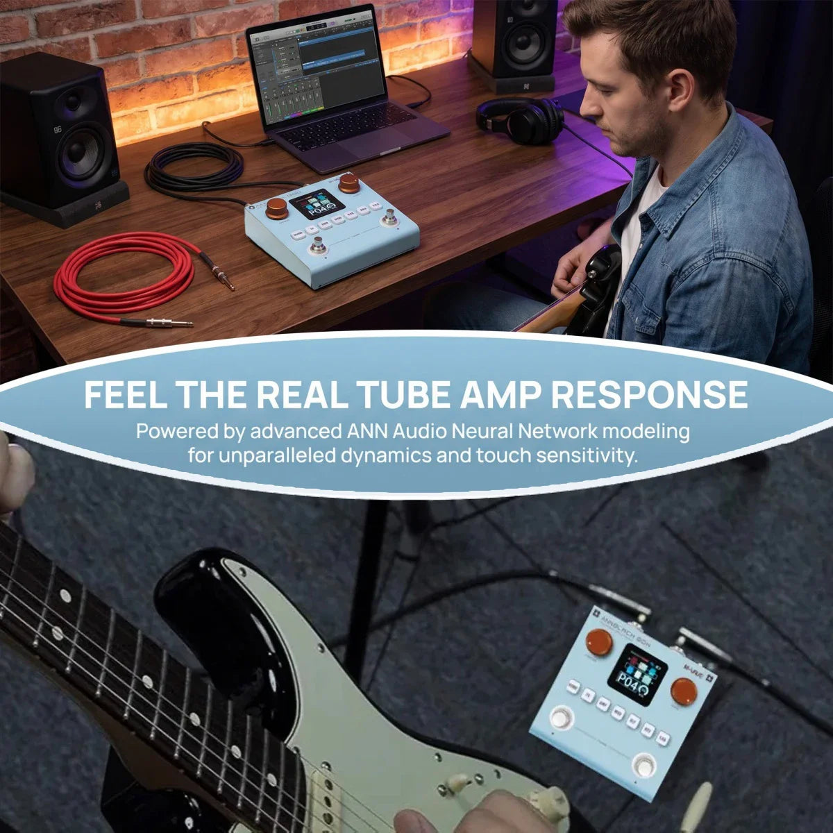 Light blue m-vave annblackbox multi-effects pedal with orange knobs usb audio for guitar bass amp simulation