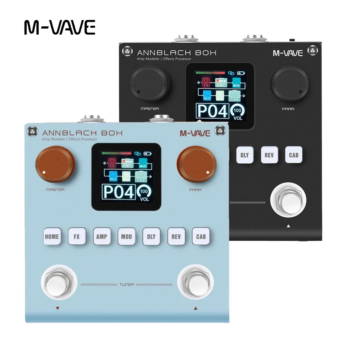 Light blue m-vave annblackbox guitar bass multi-effects pedal with brown knobs and digital display featuring preamp models