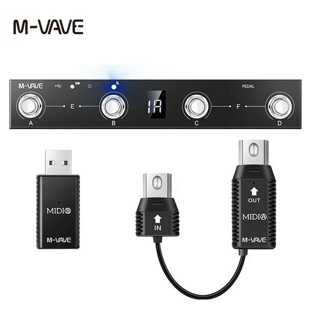 Black m-vave wireless midi controller with silver knobs digital display usb receiver and footswitch supports usb adapter