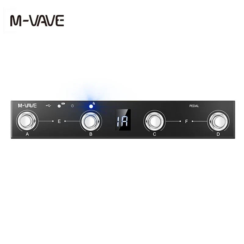 Black m-vave brand wireless midi controller pedal with four silver knobs and digital display for usb midi foot controller